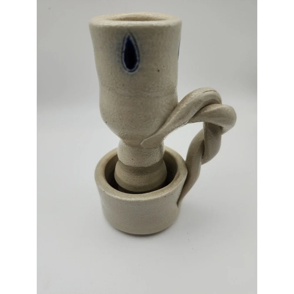 Vintage Hand-Carved Williamsburg Pottery Cobalt Salt Glazed Candle Holder 4